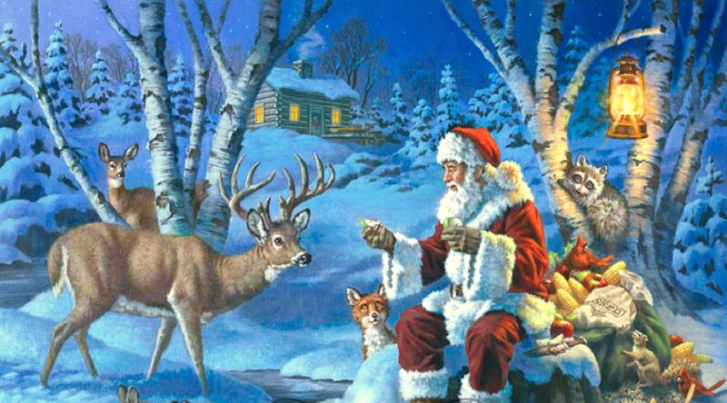 Santa Claus with Deer — Blue, Peaceful