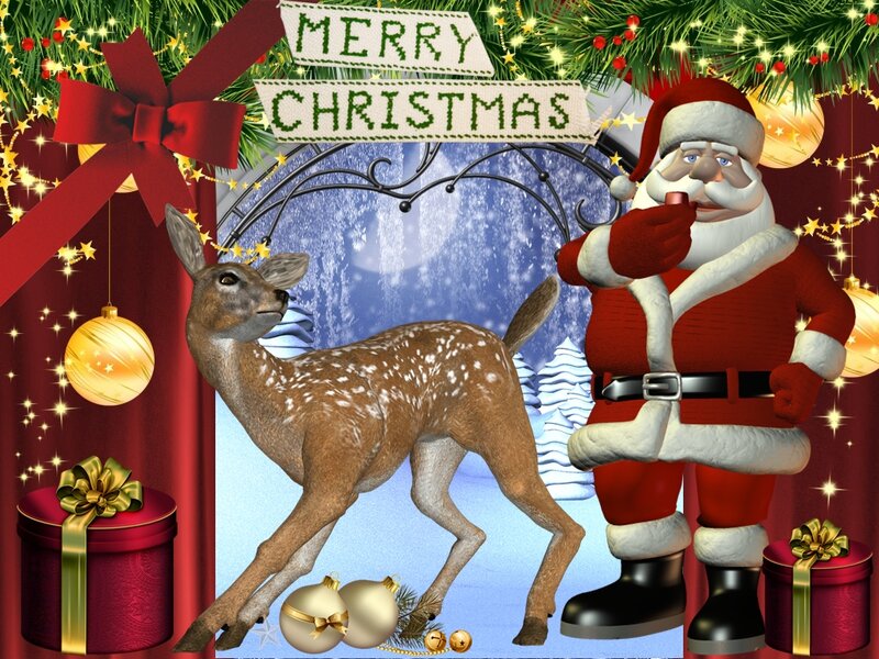 Santa Claus with Deer — Red, Festive