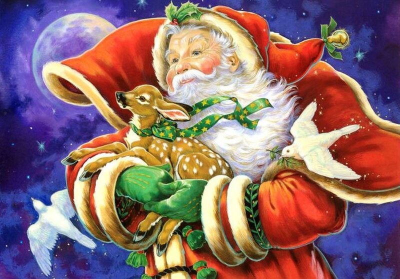 Santa Claus with Deer — Red, Peaceful, Night