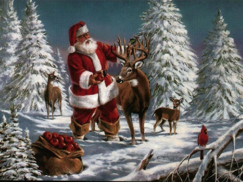 Santa Claus with Deer — Red, Peaceful, Winter, Painting, Cardinal