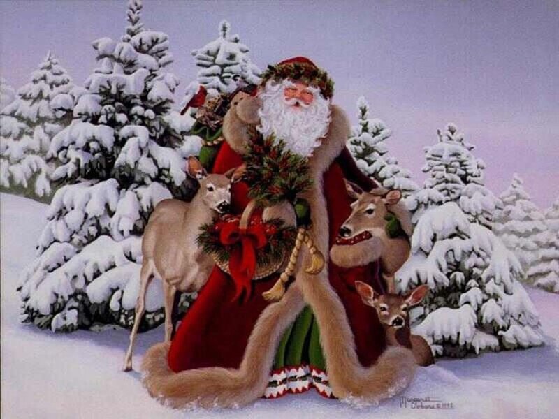 Santa Claus with Deer — Red, Peaceful, Winter, Painting, Snow