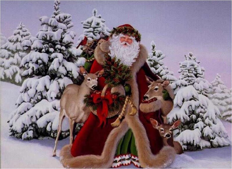 Santa Claus with Deer — Red, Peaceful, Winter, Painting, Wreath