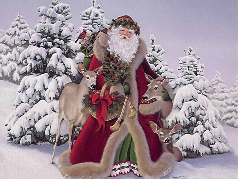Santa Claus with Deer — Red, Peaceful, Winter