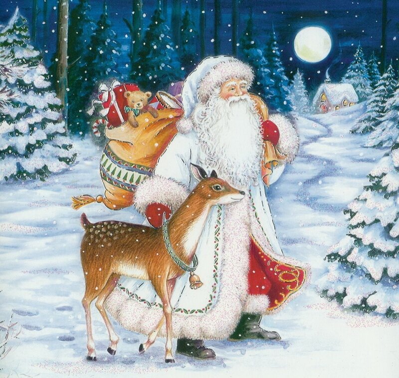 Santa Claus with Deer — White, Peaceful