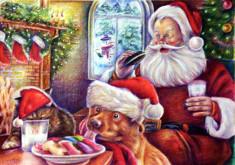 Santa Claus with Dog and Cat