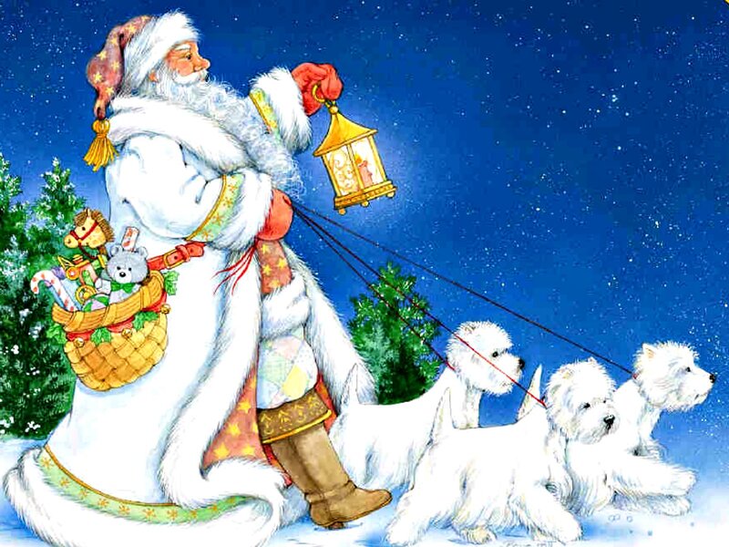 Santa Claus with Dogs — Blue, Festive