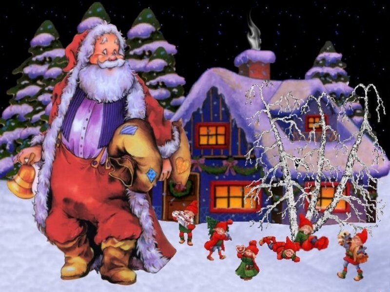 Santa Claus with Elves — Red, Festive, Night