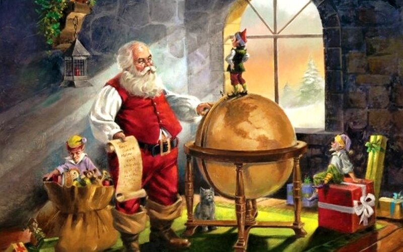 Santa Claus with Elves — Red, Festive