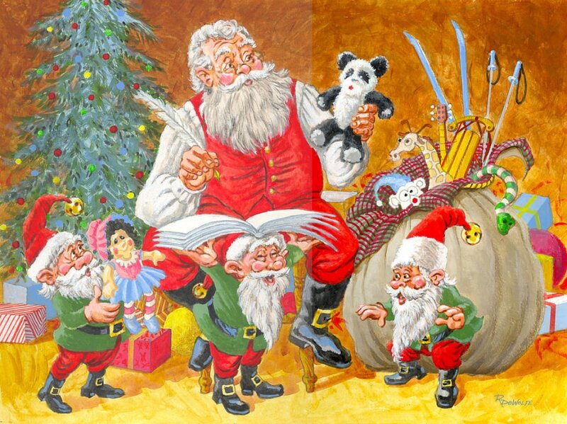 Santa Claus with Elves — Red, Festive, Winter