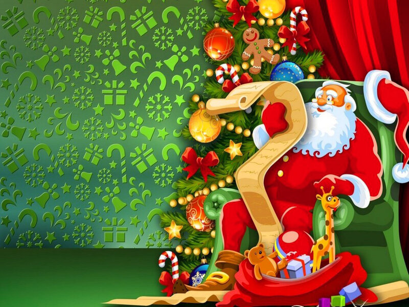 Santa Claus with Gifts — Green, Festive, Winter, Digital Art