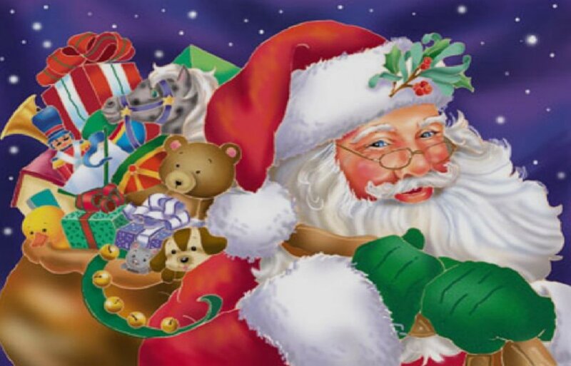 Santa Claus with Gifts — Red, Festive, Night, Illustration, Teddy Bear