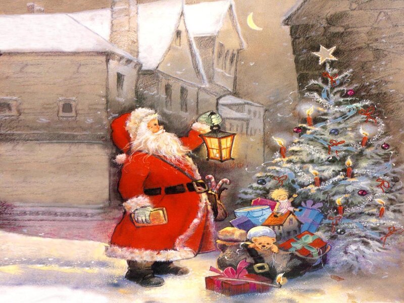 Santa Claus with Gifts — Red, Festive, Night, Illustration