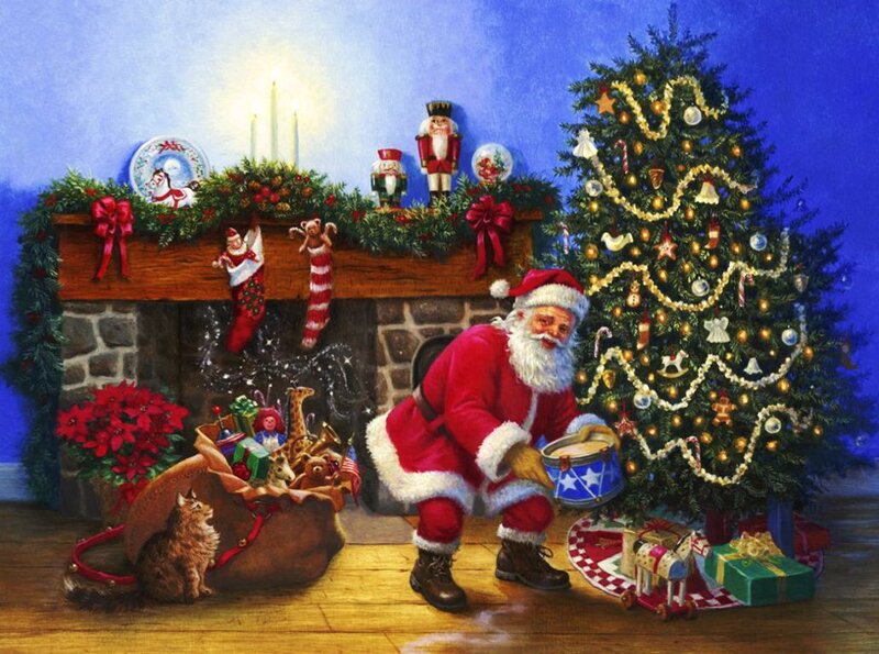 Santa Claus with Gifts — Red, Festive, Night, Painting