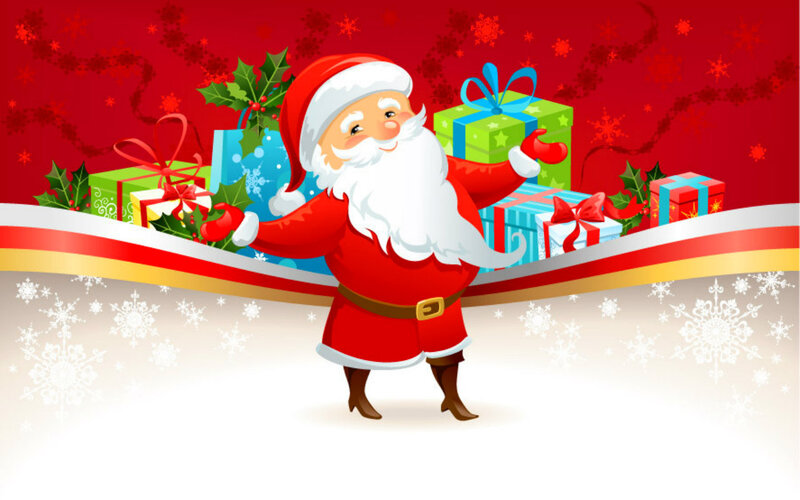Santa Claus with Gifts — Red, Festive, Winter, Digital Art, Holly, Snowflakes