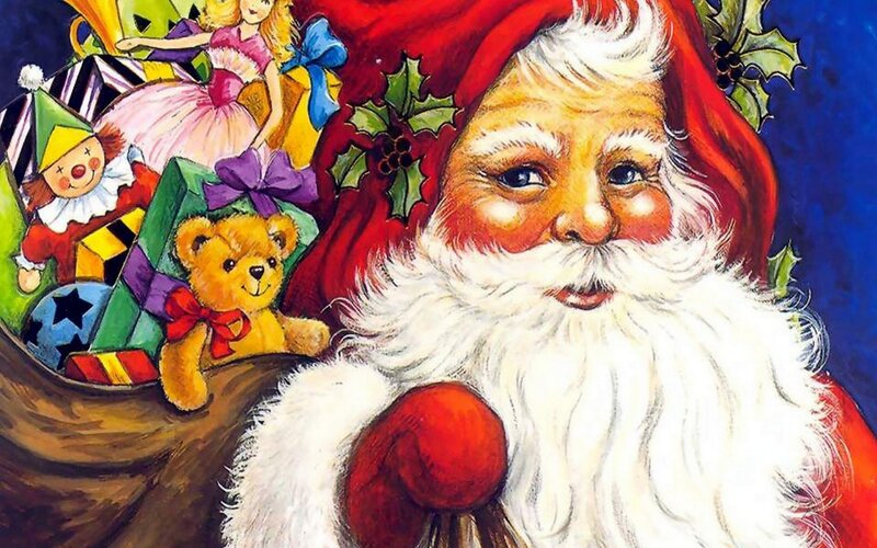 Santa Claus with Gifts — Red, Festive, Winter, Illustration, Teddy Bear, Doll, Jester