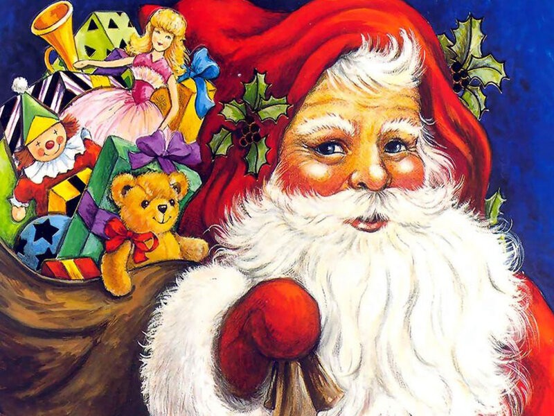 Santa Claus with Gifts — Red, Festive, Winter, Illustration, Teddy Bear