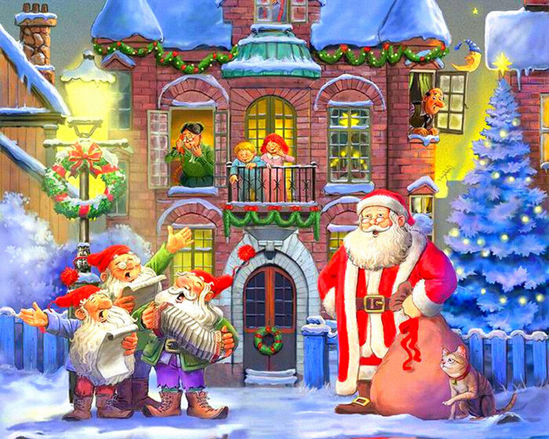 Santa Claus with Gnomes — Red, Festive, Night