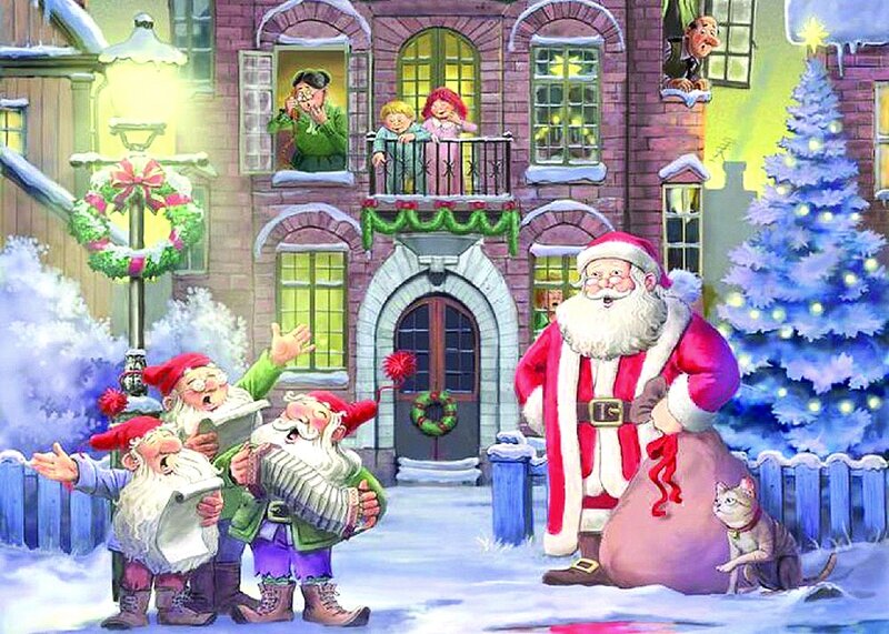Santa Claus with Gnomes — Red, Festive