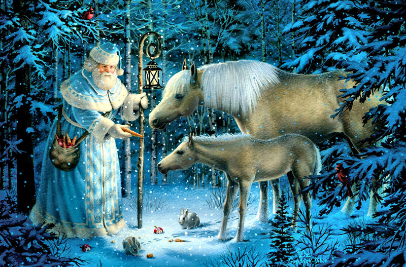 Santa Claus with Horses — Blue, Peaceful
