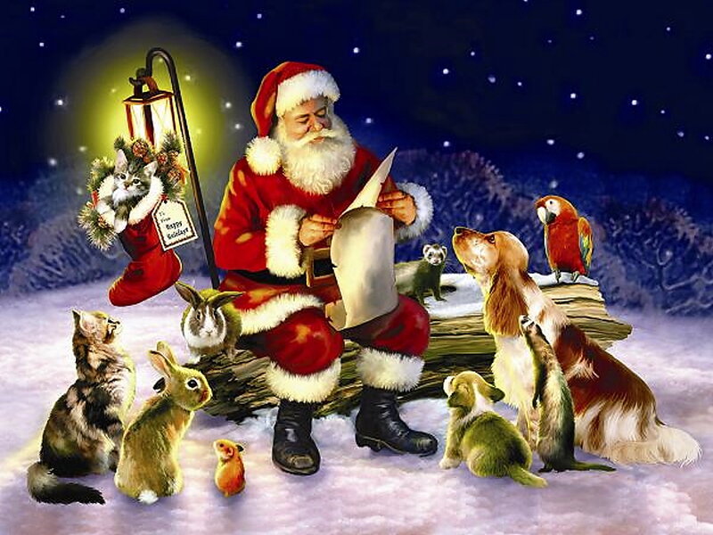 Santa Claus with Pets — Red, Festive, Night