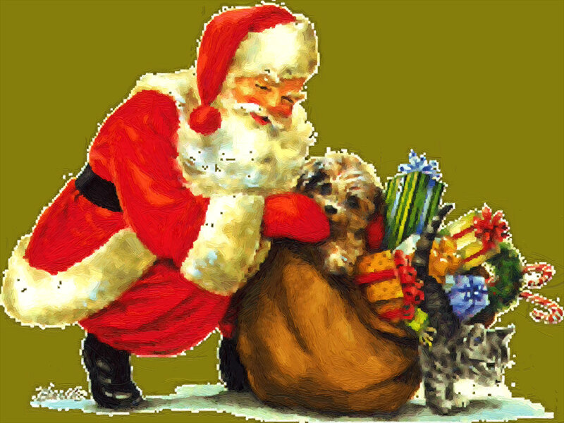 Santa Claus with Pets — Red, Festive, Winter, Illustration, Dog, Cat