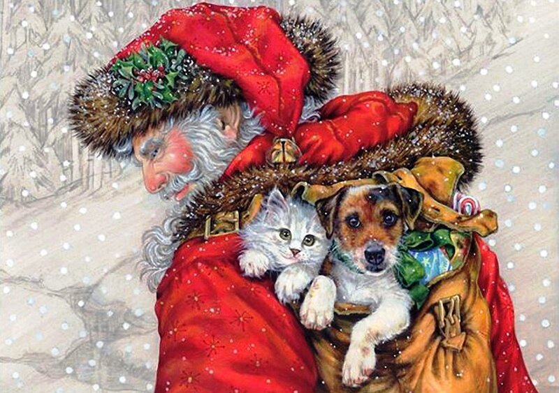 Santa Claus with Pets — Red, Festive, Winter, Illustration