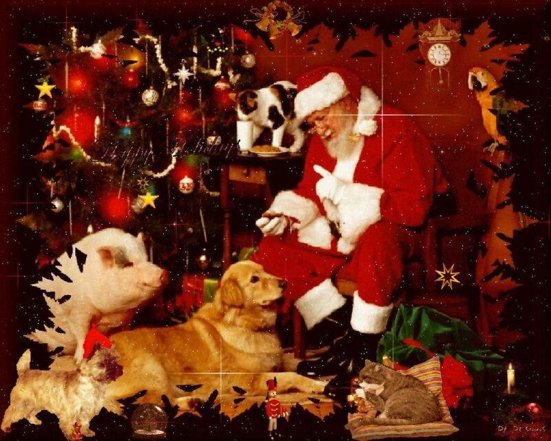 Santa Claus with Pets — Red