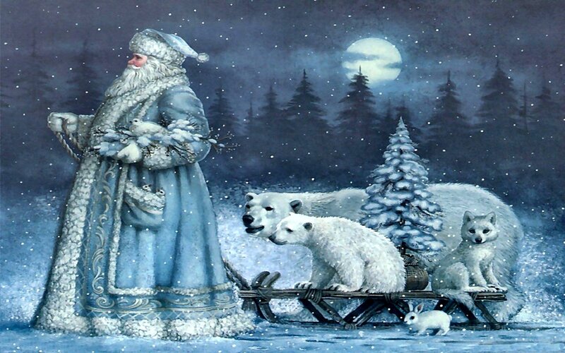 Santa Claus with Polar Bears — Blue, Serene, Night, Painting
