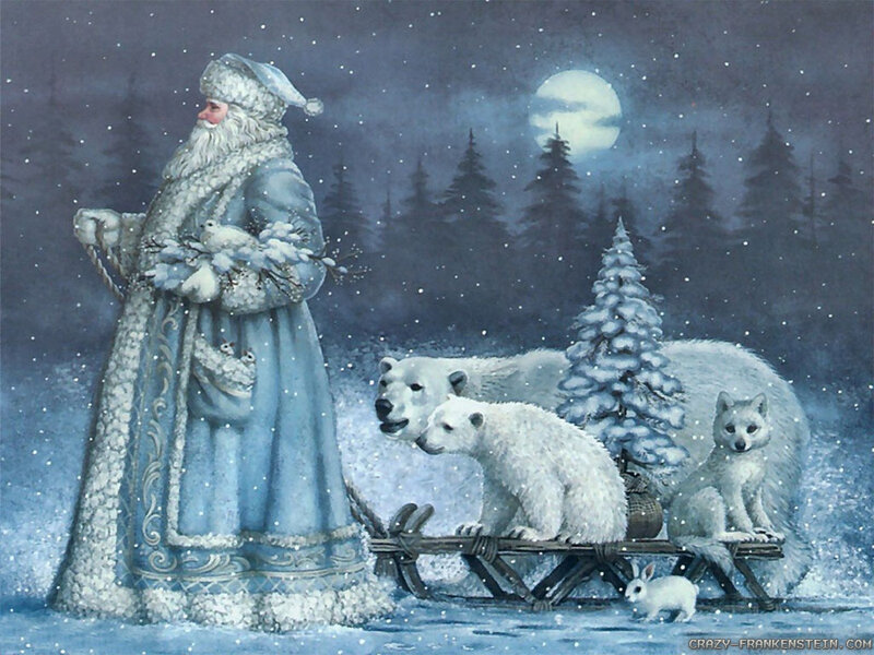 Santa Claus with Polar Bears — Blue, Serene, Night