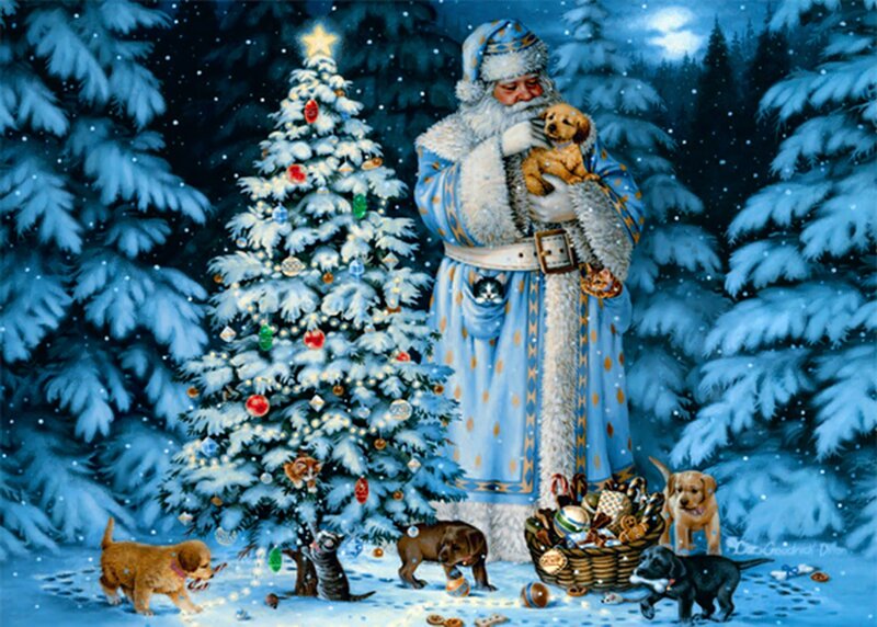 Santa Claus with Puppies — Blue