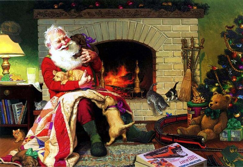 Santa Claus with Puppies — Red, Cozy