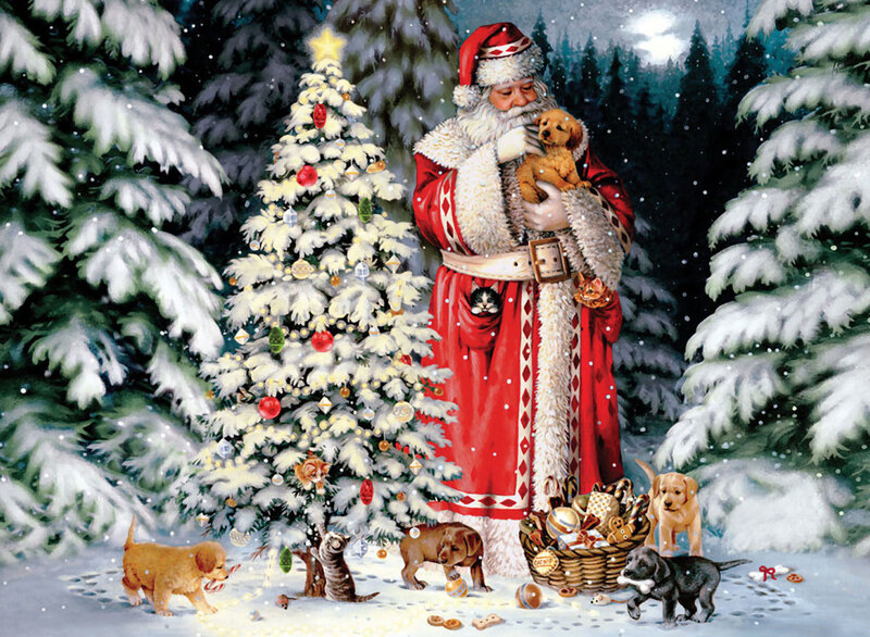 Santa Claus with Puppies — Red, Festive, Night