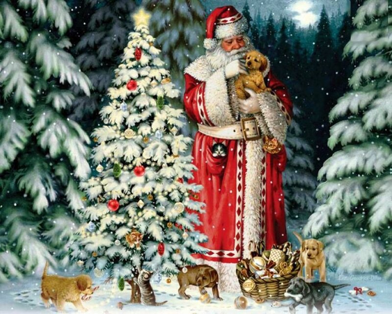 Santa Claus with Puppies — Red, Festive, Winter
