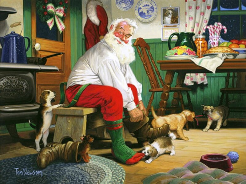 Santa Claus with Puppies — Red