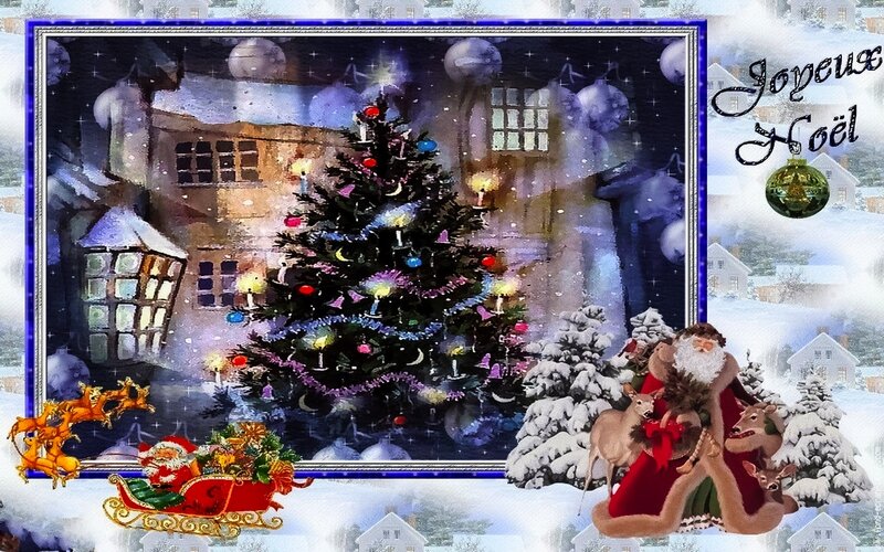 Santa Claus with Reindeer — Blue, Festive, Night, Illustration, Christmas Tree
