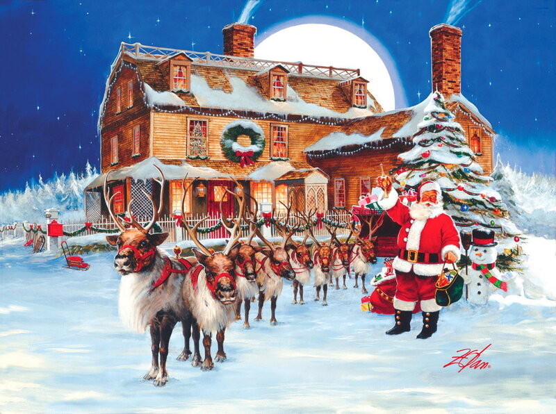 Santa Claus with Reindeer — Blue, Festive, Night, Illustration, Snowman