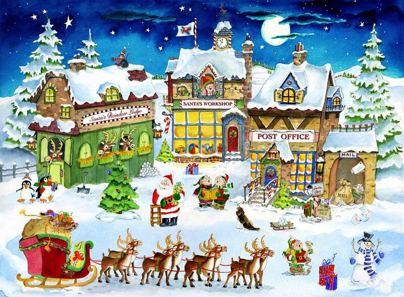 Santa Claus with Reindeer — Blue, Festive, Night, Illustration
