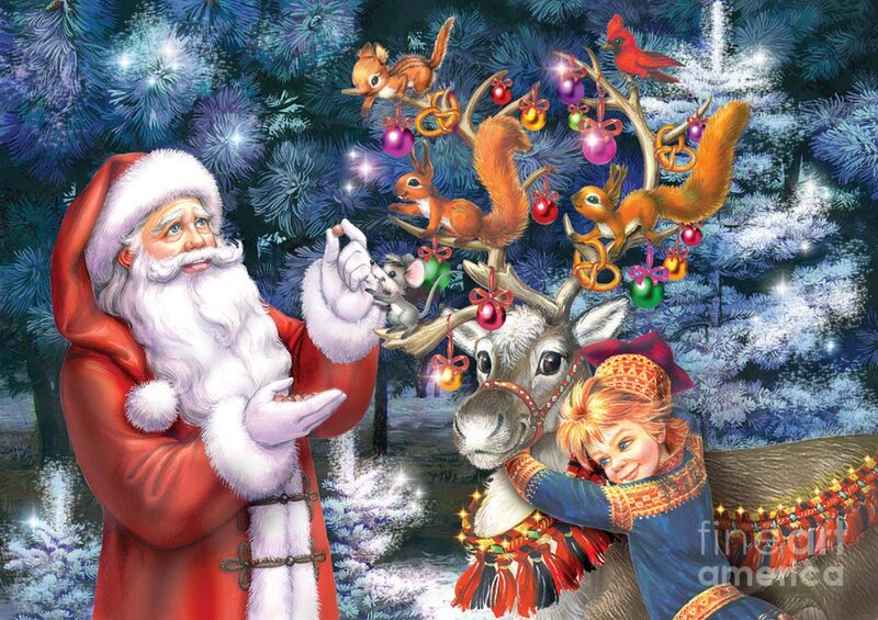 Santa Claus with Reindeer — Blue, Festive, Winter, Illustration, Child