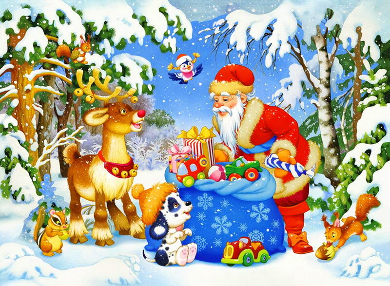 Santa Claus with Reindeer — Blue, Festive, Winter, Illustration, Dog