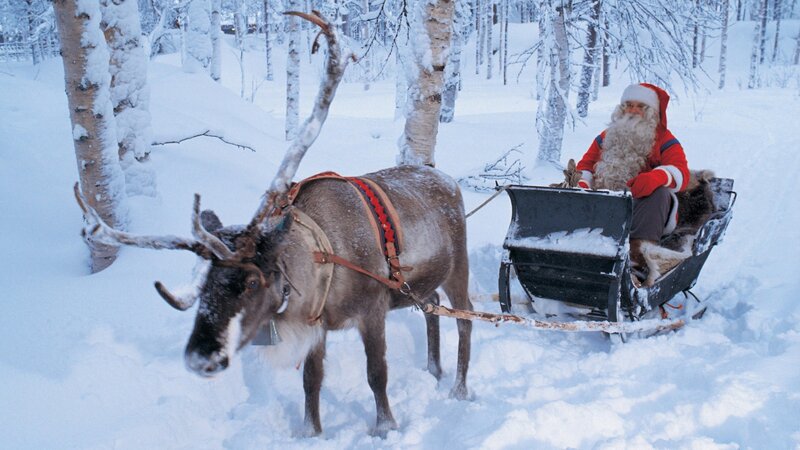 Santa Claus with reindeer in snow