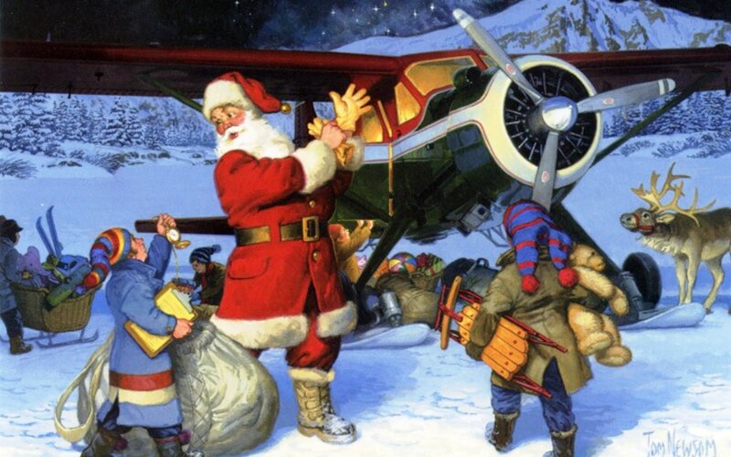 Santa Claus with Reindeer — Red, Festive, Night, Illustration, Airplane