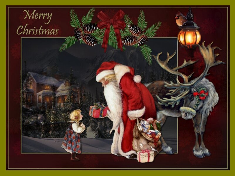 Santa Claus with Reindeer — Red, Festive, Night, Illustration, Child