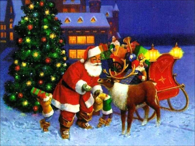 Santa Claus with Reindeer — Red, Festive, Night, Illustration, Christmas Tree