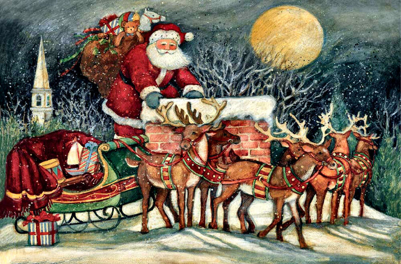Santa Claus with Reindeer — Red, Festive, Night, Illustration, Sleigh, Chimney