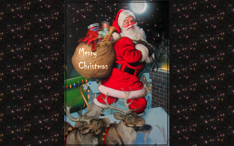 Santa Claus with Reindeer — Red, Festive, Night, Illustration, Sleigh