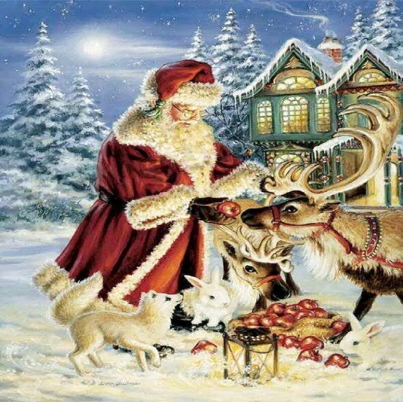 Santa Claus with Reindeer — Red, Festive, Night, Painting, Rabbits