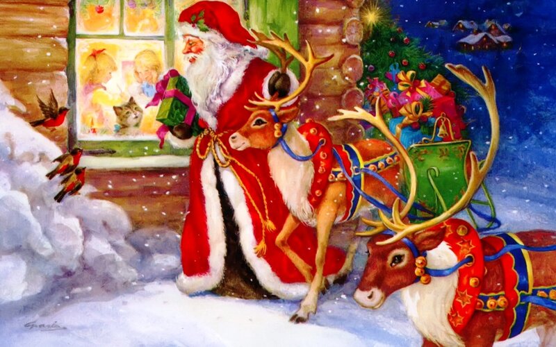 Santa Claus with Reindeer — Red, Festive, Night, Painting