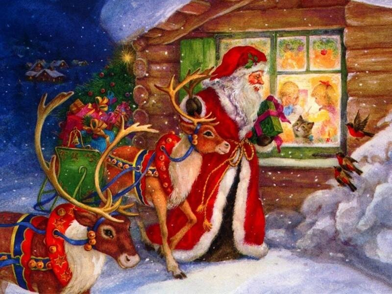 Santa Claus with Reindeer — Red, Festive, Night