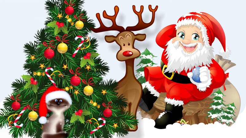 Santa Claus with Reindeer — Red, Festive, Winter, Digital Art, Cat