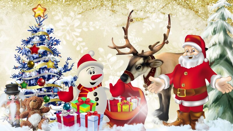 Santa Claus with Reindeer — Red, Festive, Winter, Digital Art, Snowman
